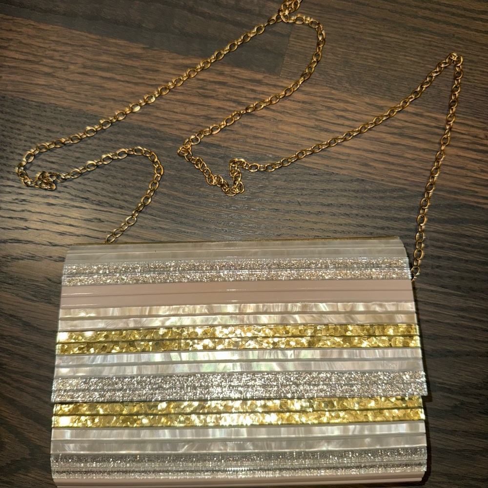 Gold-Accent Stripe Evening Bag - Women's Shoulder Clutch - Picture 5 of 8